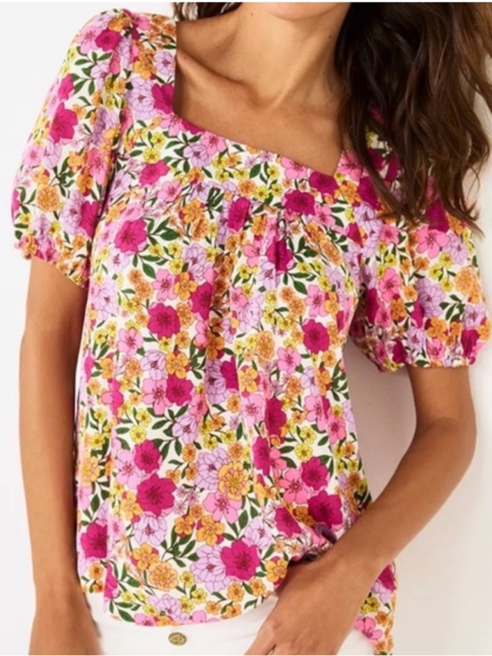 Draper James RSVP Pink Floral Square Neck Blouse Size S